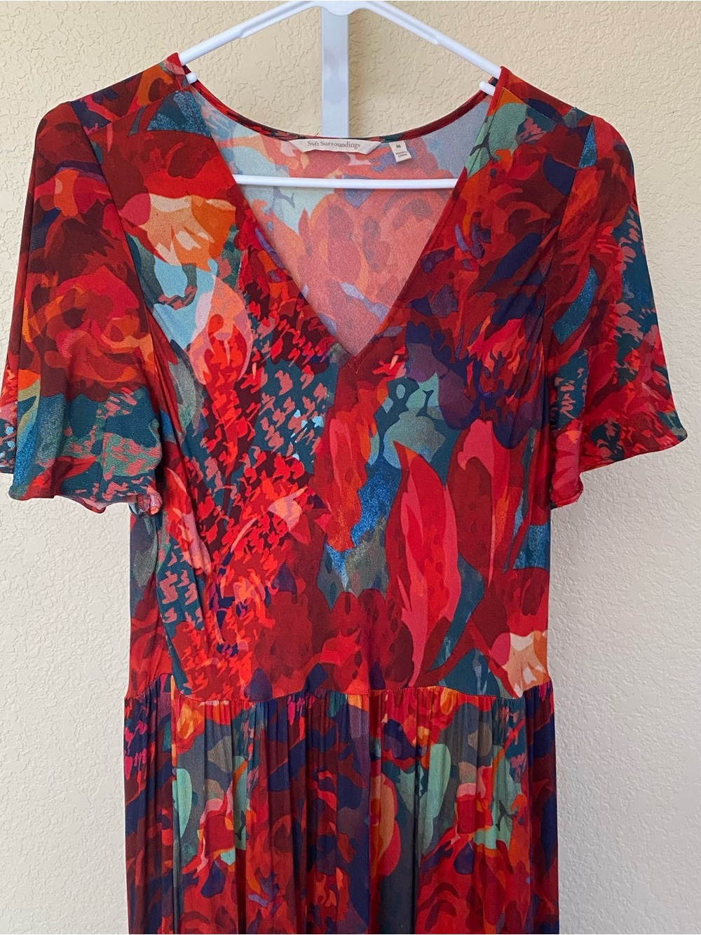 Soft Surroundings Red Floral V-Neck Maxi Dress medium lightweight - Picture 3 of 7